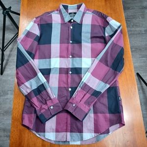 Hugo Boss Ronny Burgundy Checkered Long Sleeve Button Up Dress Shirt